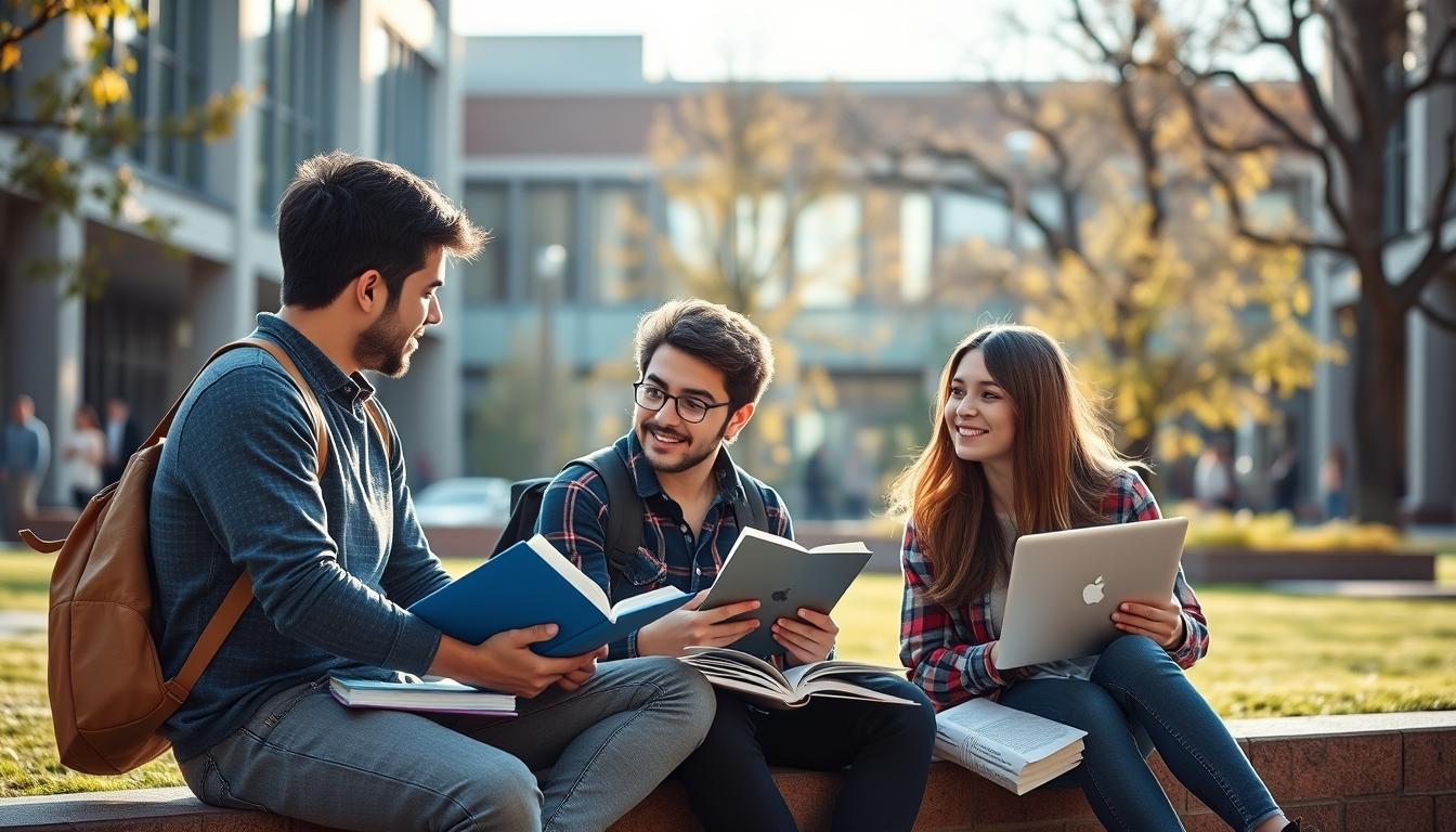 Students studying together in modern classroom